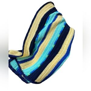 Afghan Throw Blanket Sofa Chair Handmade Crafted Yarn Crochet Blue Stripes New